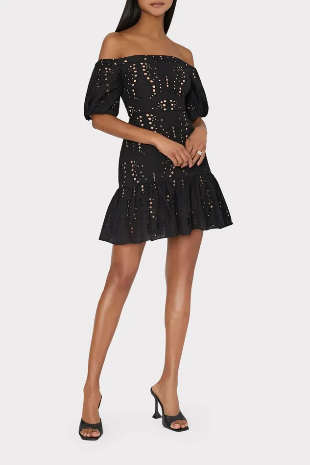 Milly Butterfly Eyelet Off The Shoulder Dress Black Women Dresses