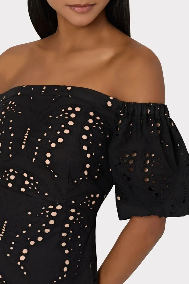 Milly Butterfly Eyelet Off The Shoulder Dress Black Women Dresses