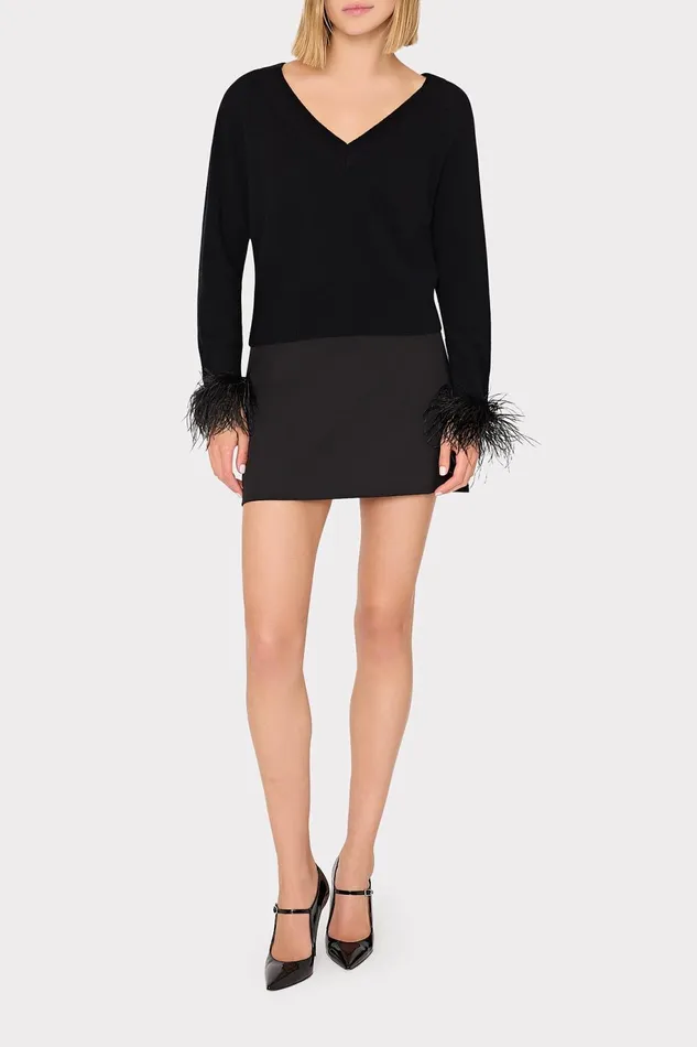 Milly Feather Cuff VNeck Sweater Black Women Tops Milly Feather Cuff VNeck Sweater Black Women Tops