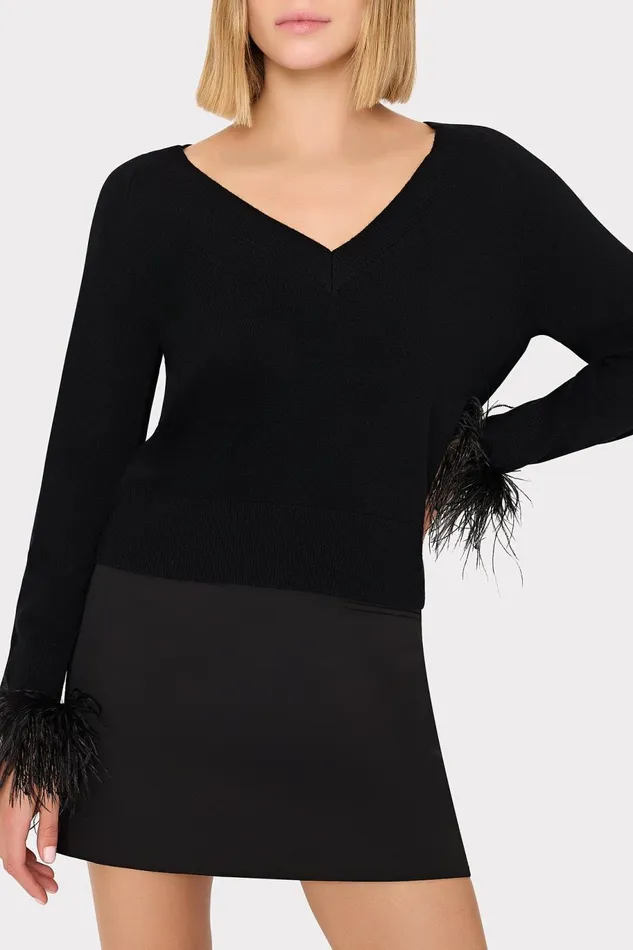 Milly Feather Cuff VNeck Sweater Black Women Tops Milly Feather Cuff VNeck Sweater Black Women Tops