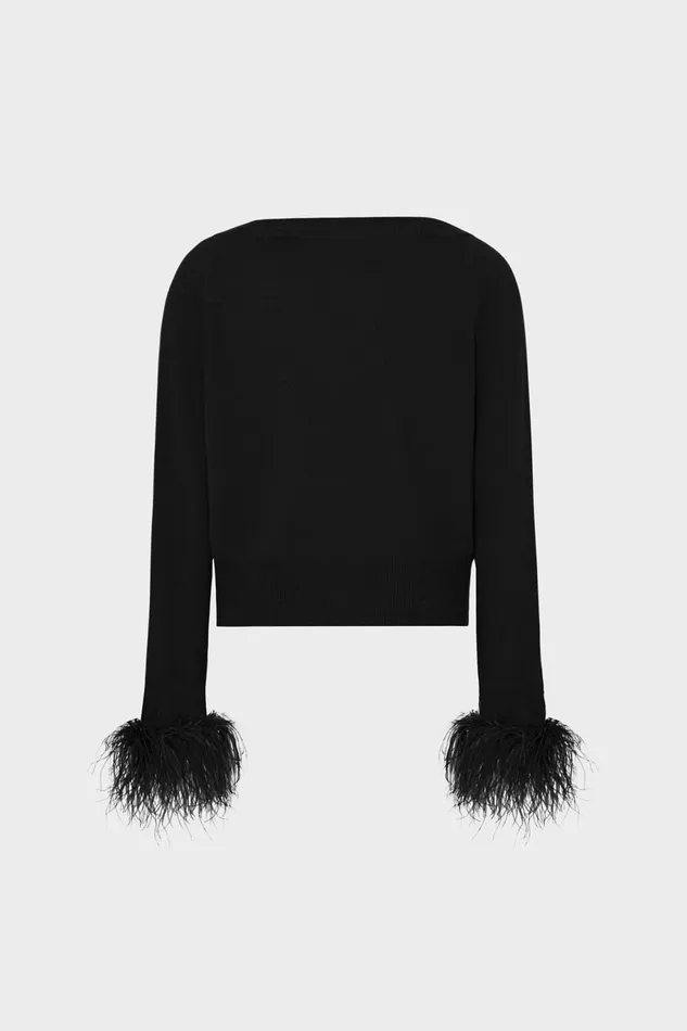Milly Feather Cuff VNeck Sweater Black Women Tops Milly Feather Cuff VNeck Sweater Black Women Tops