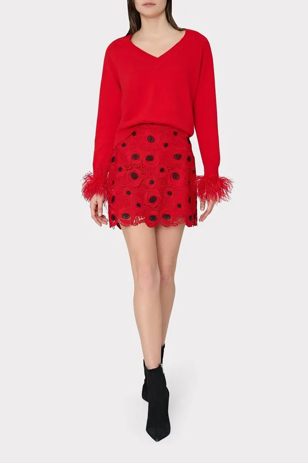 Milly Feather Cuff VNeck Sweater Red Women Tops Milly Feather Cuff VNeck Sweater Red Women Tops