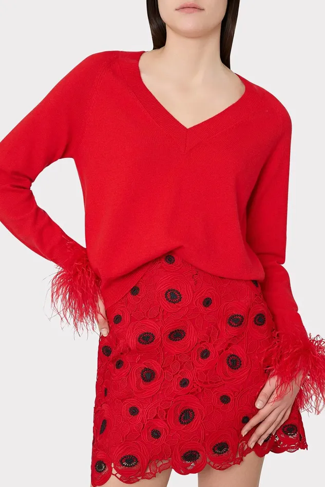 Milly Feather Cuff VNeck Sweater Red Women Tops Milly Feather Cuff VNeck Sweater Red Women Tops