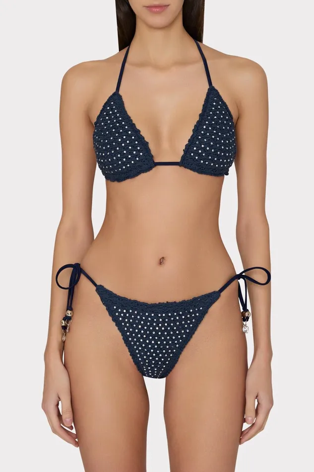 Milly Glimmer String Bikini Bottom With Crystal Applique Navy Women Swim and Coverups