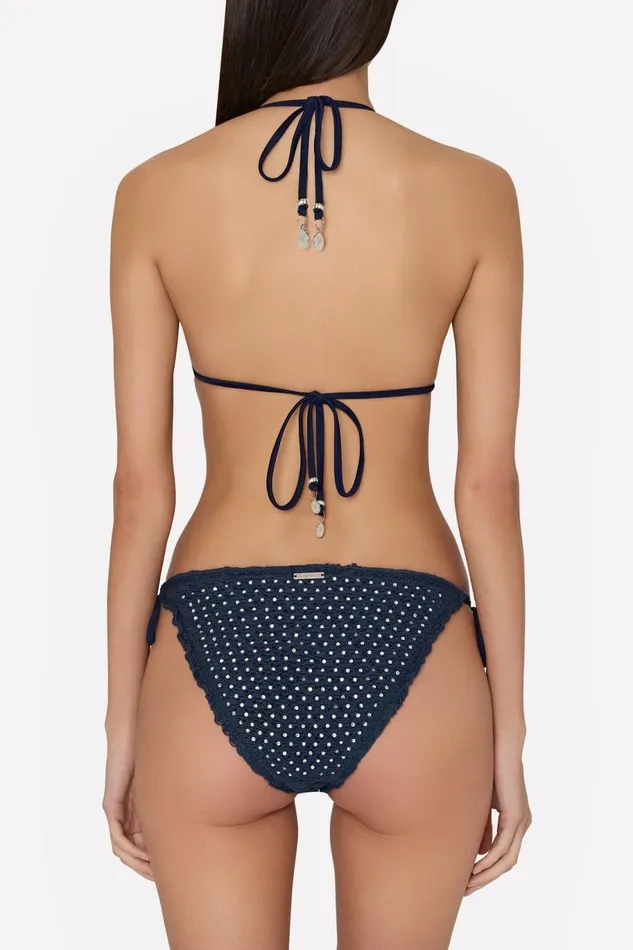 Milly Glimmer String Bikini Bottom With Crystal Applique Navy Women Swim and Coverups