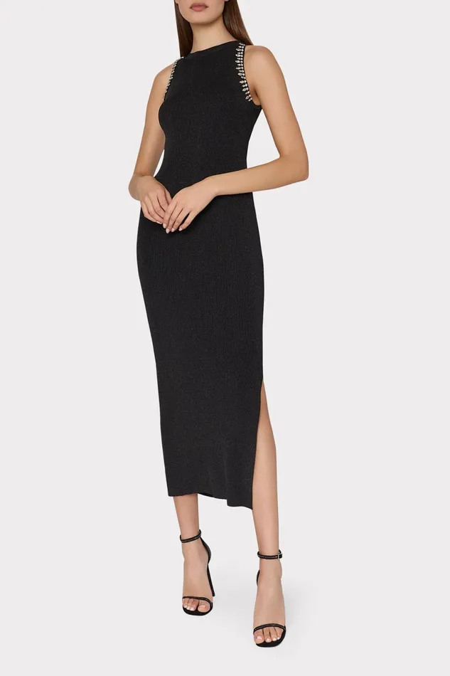 Milly Izel Embellished Halter Knit Midi Dress Metallic Black Women Dresses Milly Izel Embellished Halter Knit Midi Dress Metallic Black Women Dresses