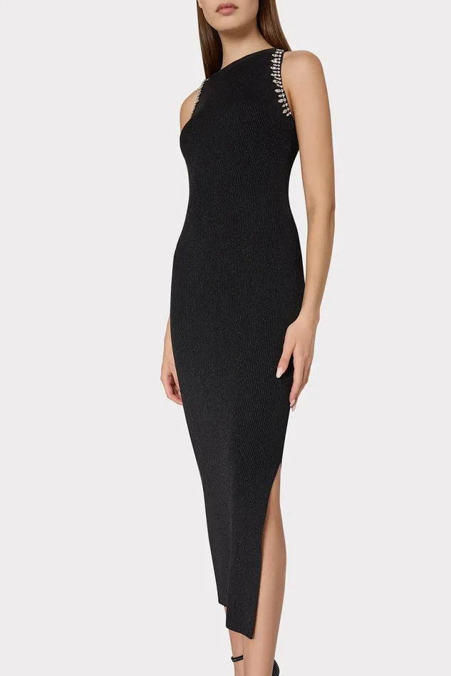 Milly Izel Embellished Halter Knit Midi Dress Metallic Black Women Dresses Milly Izel Embellished Halter Knit Midi Dress Metallic Black Women Dresses