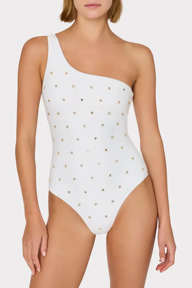 Milly Joni Diamond Heat Set One Shoulder One Piece White Women Swim and Coverups