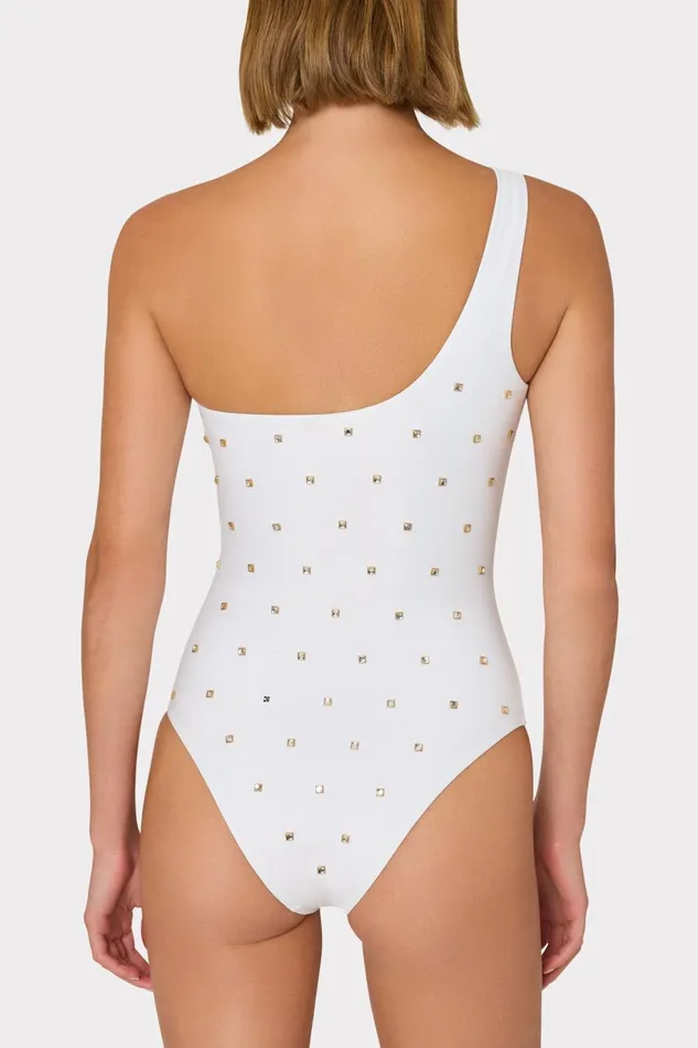 Milly Joni Diamond Heat Set One Shoulder One Piece White Women Swim and Coverups