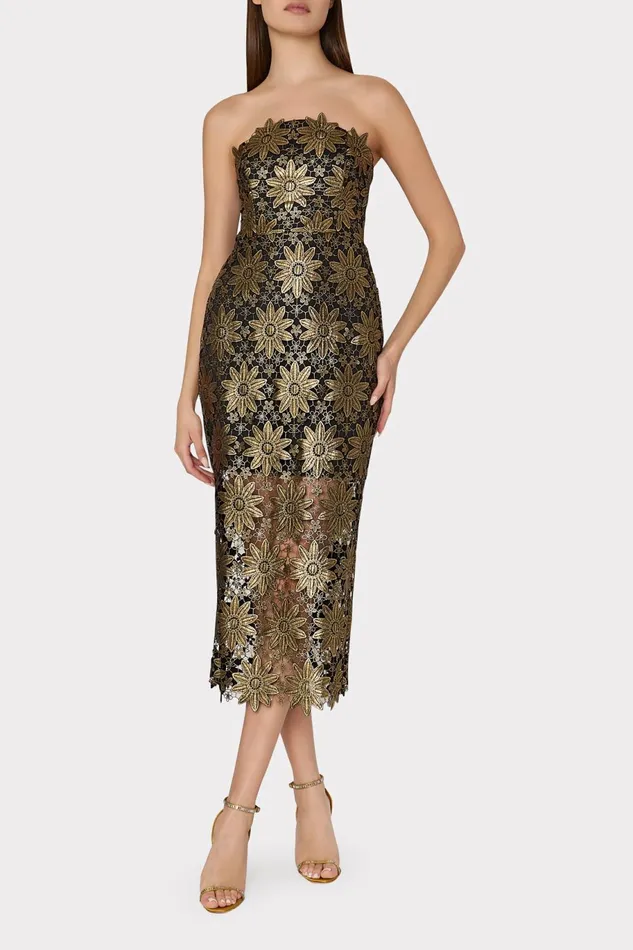 Milly Kait Gold Lace Midi Dress Gold Women Dresses Milly Kait Gold Lace Midi Dress Gold Women Dresses
