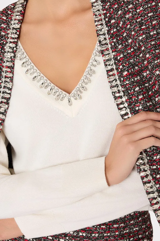 Milly Kalia Crystal VNeck Sweater Ecru Women Sweaters and Knits