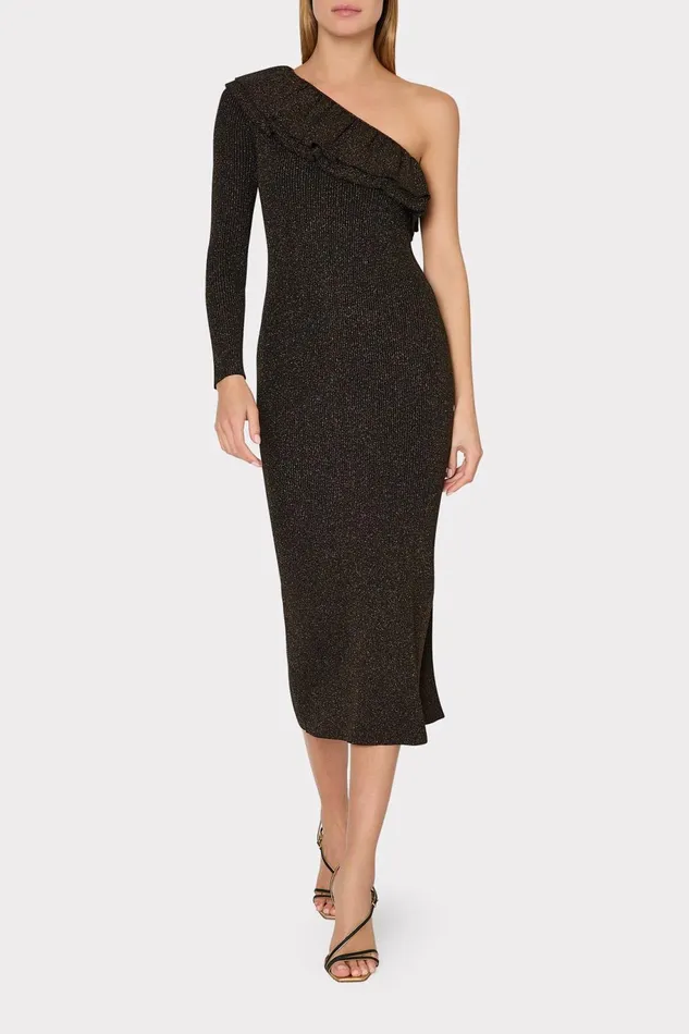 Milly Kelly One Shoulder Ruffle Knit Midi Dress Gold Women Dresses Milly Kelly One Shoulder Ruffle Knit Midi Dress Gold Women Dresses