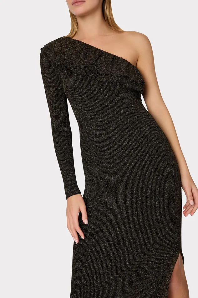 Milly Kelly One Shoulder Ruffle Knit Midi Dress Gold Women Dresses Milly Kelly One Shoulder Ruffle Knit Midi Dress Gold Women Dresses