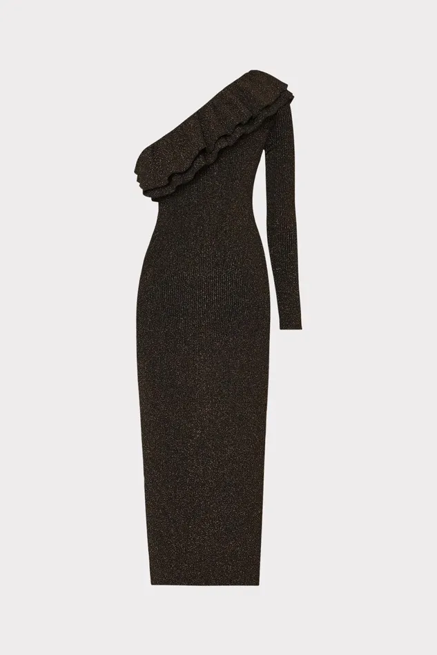 Milly Kelly One Shoulder Ruffle Knit Midi Dress Gold Women Dresses Milly Kelly One Shoulder Ruffle Knit Midi Dress Gold Women Dresses