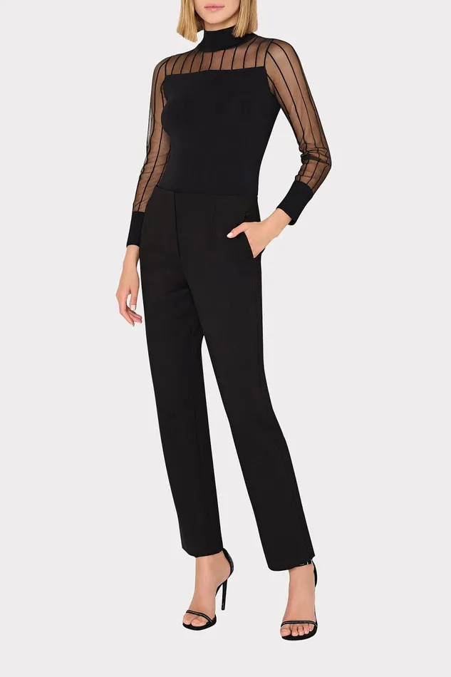 Milly Krissy Sheer Knit Mockneck Top Black Women Sweaters and Knits