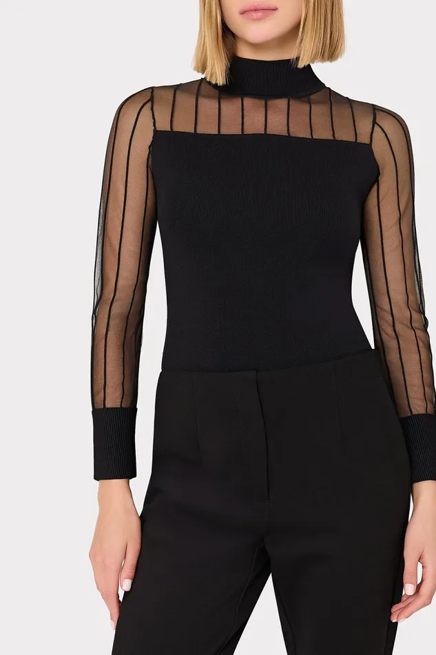 Milly Krissy Sheer Knit Mockneck Top Black Women Sweaters and Knits
