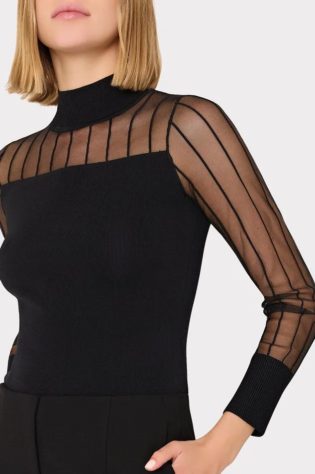 Milly Krissy Sheer Knit Mockneck Top Black Women Sweaters and Knits