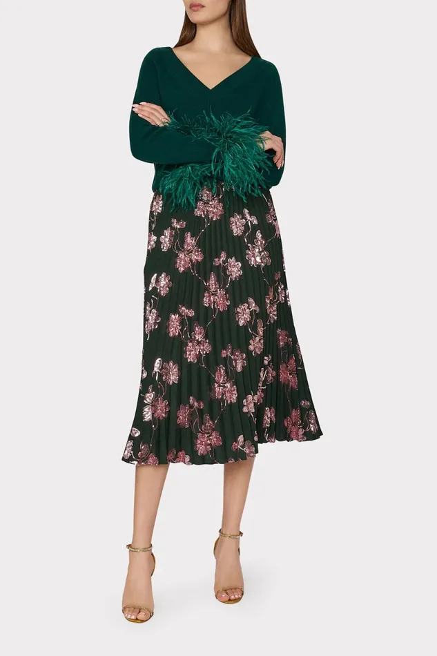 Milly Rayla Pleated Floral Sequins Skirt Dark Greenpink Women Skirts Milly Rayla Pleated Floral Sequins Skirt Dark Greenpink Women Skirts