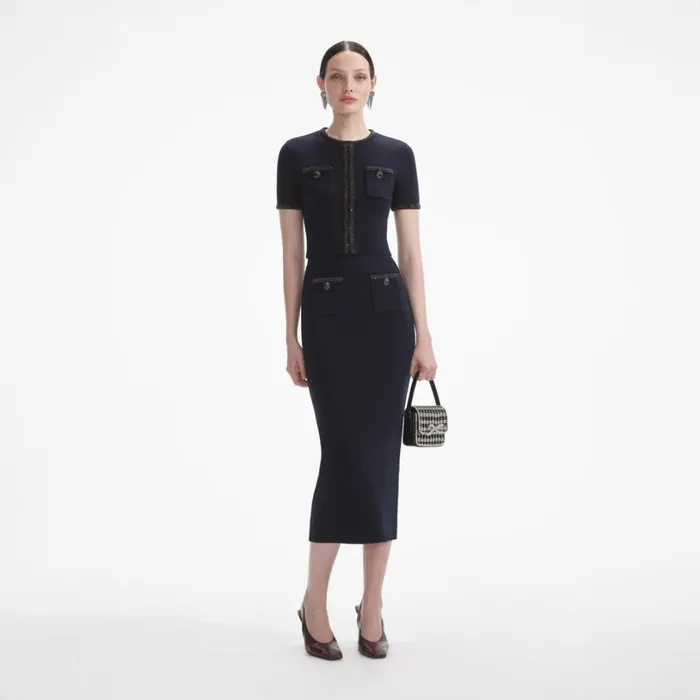 Navy Embellished Knit Midi Skirt Women Self Portrait Knitwear