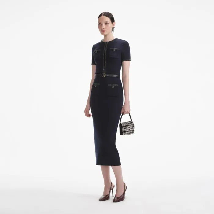 Navy Embellished Knit Midi Skirt Women Self Portrait Knitwear