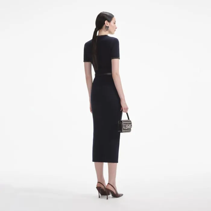 Navy Embellished Knit Midi Skirt Women Self Portrait Knitwear