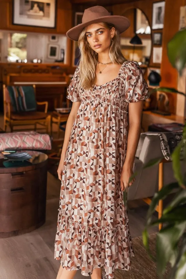 Nessa Printed Midi Dress 8211 FINAL SALE Mocha Women Bohme Dresses