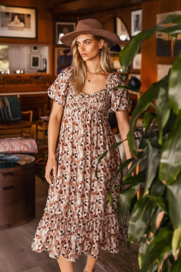 Nessa Printed Midi Dress 8211 FINAL SALE Mocha Women Bohme Dresses