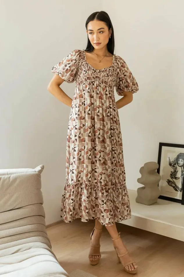 Nessa Printed Midi Dress 8211 FINAL SALE Mocha Women Bohme Dresses