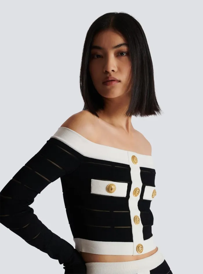 Offtheshoulder Knit Top Black Women Balmain Tops And Shirts