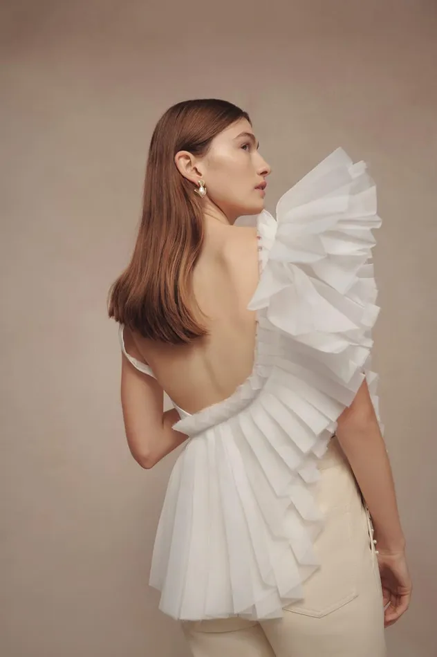 Orbit Sculptural Pleated Top Ivory Women Aje Tops