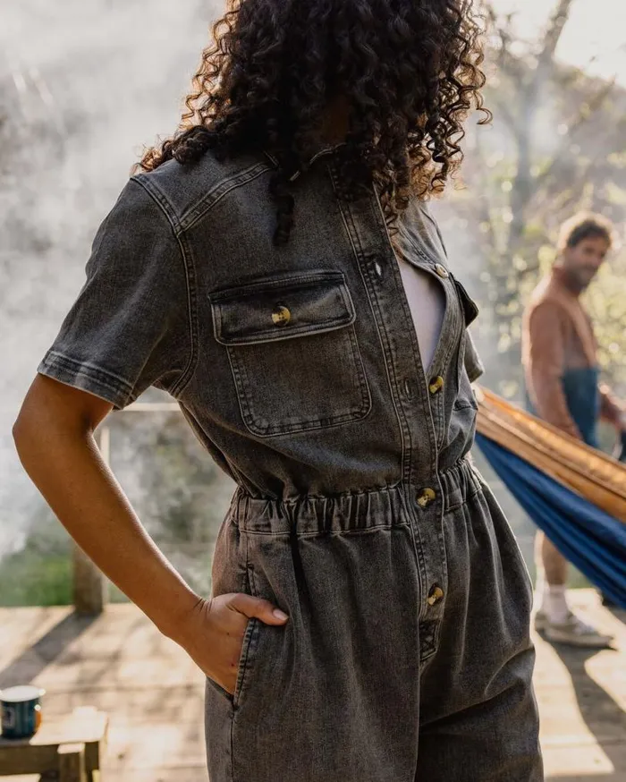 Passenger Clothing Bluebell Organic Cotton Boiler Suit Washed Black Denim Women Dungarees and Trousers