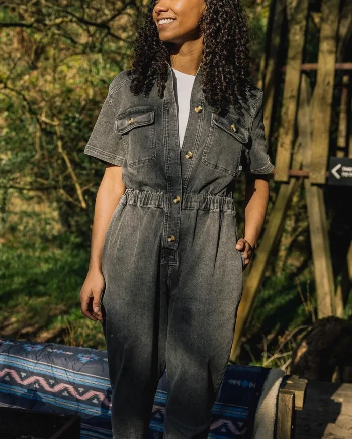 Passenger Clothing Bluebell Organic Cotton Boiler Suit Washed Black Denim Women Dungarees and Trousers