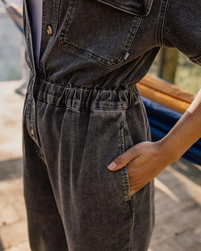 Passenger Clothing Bluebell Organic Cotton Boiler Suit Washed Black Denim Women Dungarees and Trousers