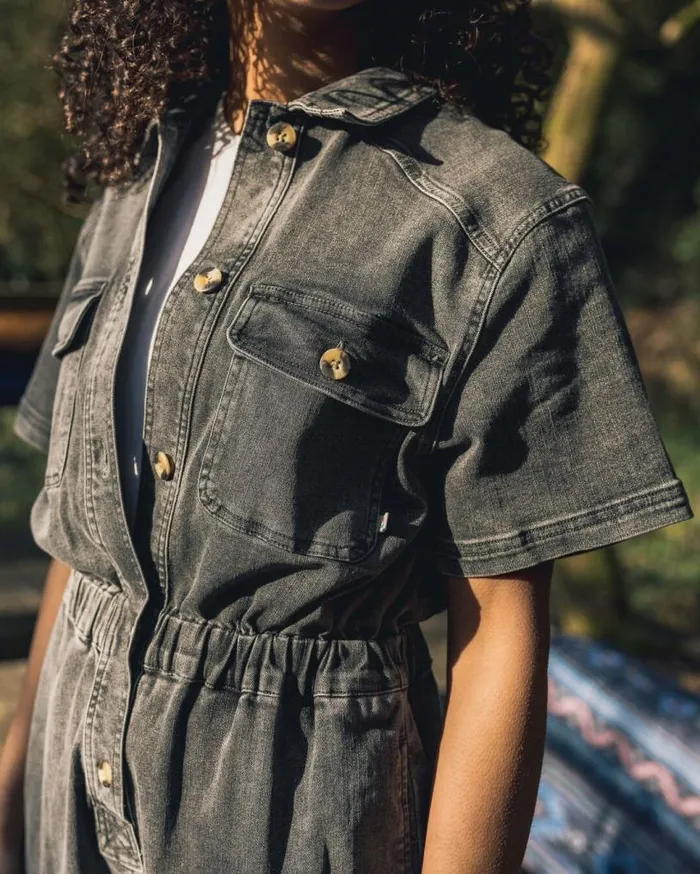 Passenger Clothing Bluebell Organic Cotton Boiler Suit Washed Black Denim Women Dungarees and Trousers