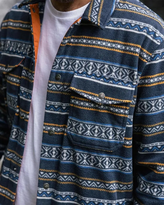 Passenger Clothing Maple Recycled Polar Fleece Shirt Midnight Fairisle Stripe Men Shirts