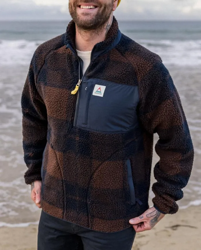 Passenger Clothing Offroad Recycled Sherpa 12 Zip Fleece Chestnutdeep Navy Check Men Fleece