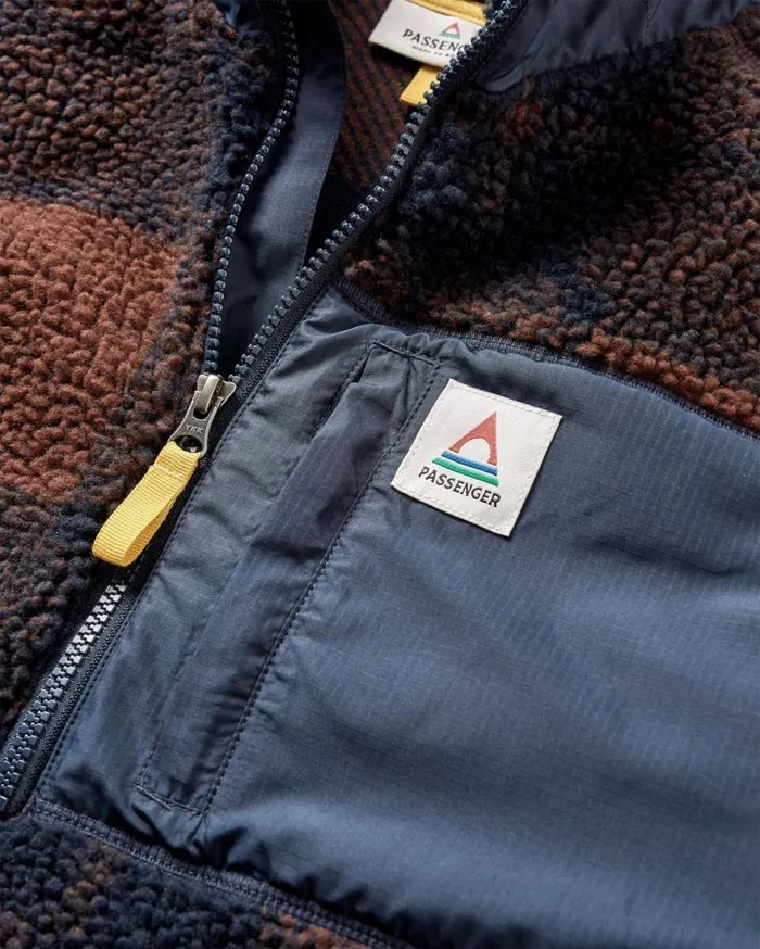 Passenger Clothing Offroad Recycled Sherpa 12 Zip Fleece Chestnutdeep Navy Check Men Fleece
