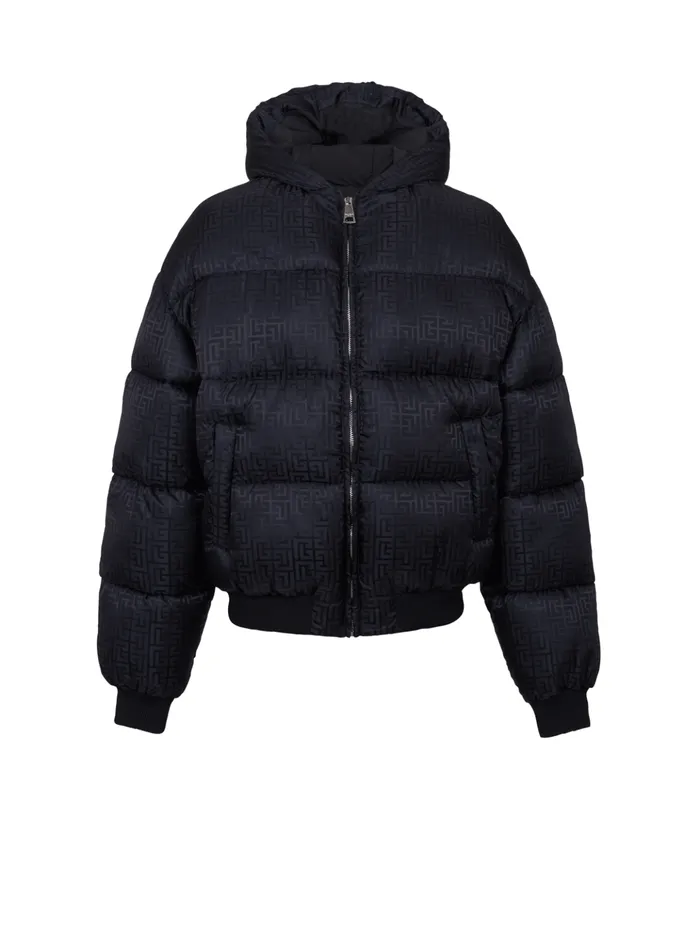 PB Labyrinth Jacquard Nylon Puffer Jacket Black Men Balmain Outerwear