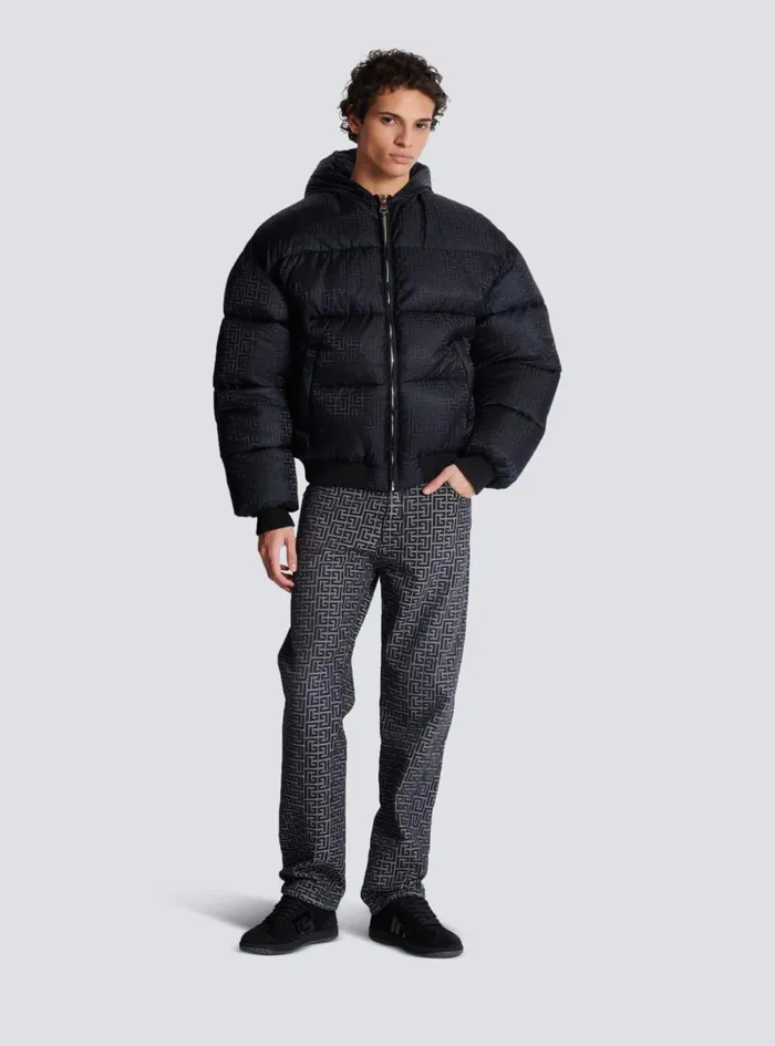 PB Labyrinth Jacquard Nylon Puffer Jacket Black Men Balmain Outerwear