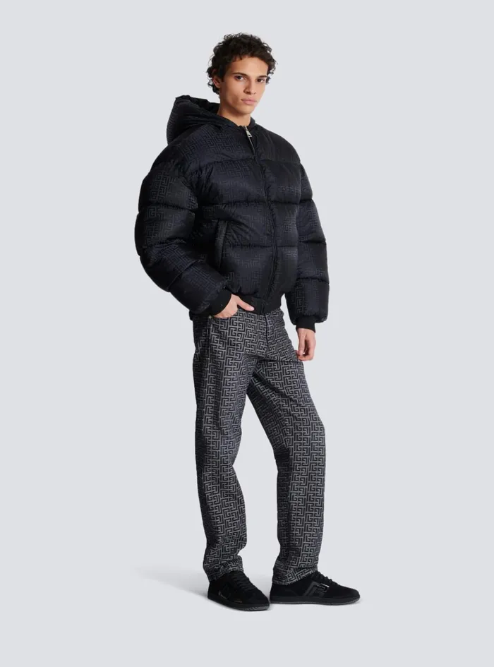 PB Labyrinth Jacquard Nylon Puffer Jacket Black Men Balmain Outerwear
