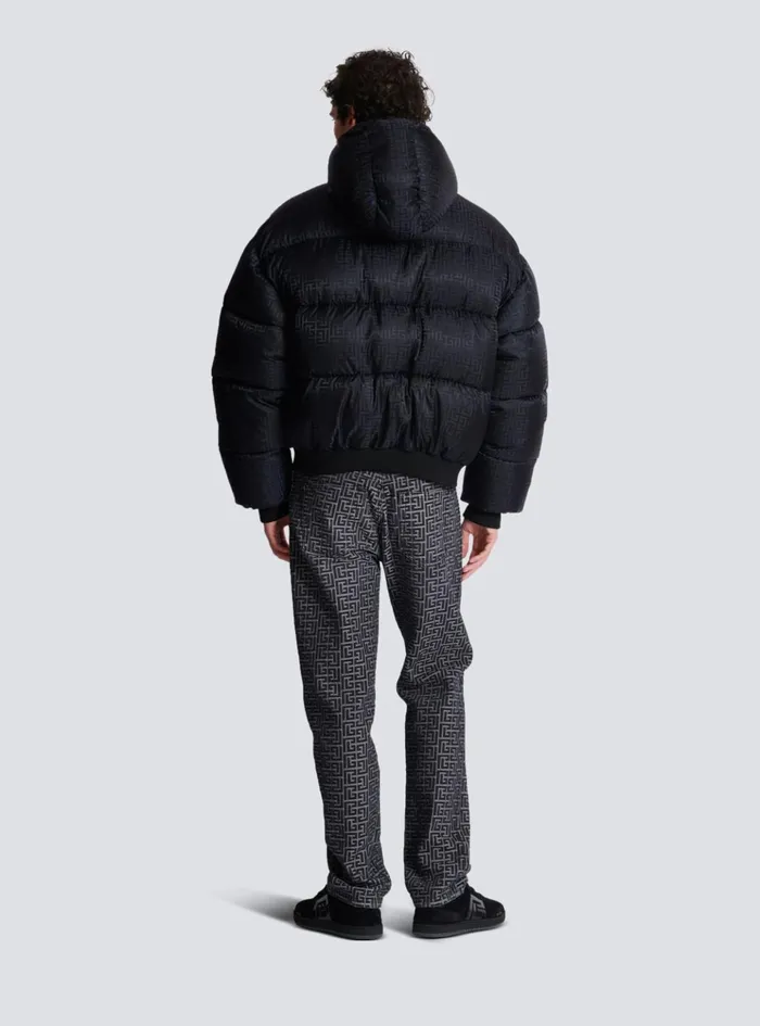 PB Labyrinth Jacquard Nylon Puffer Jacket Black Men Balmain Outerwear