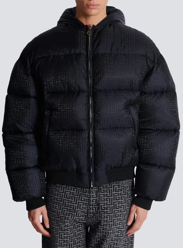 PB Labyrinth Jacquard Nylon Puffer Jacket Black Men Balmain Outerwear