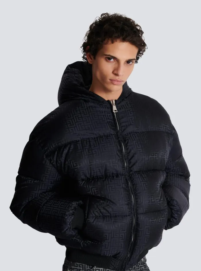 PB Labyrinth Jacquard Nylon Puffer Jacket Black Men Balmain Outerwear