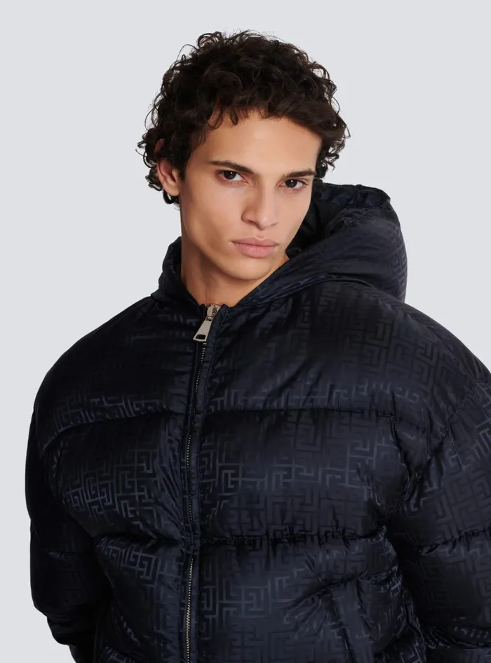 PB Labyrinth Jacquard Nylon Puffer Jacket Black Men Balmain Outerwear