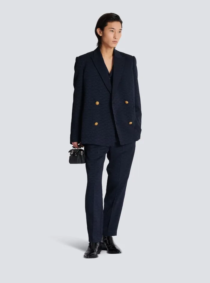 PB Labyrinth Satin Jacquard Blazer Navy Men Balmain Jackets And Blazers