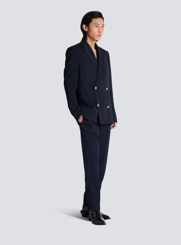 PB Labyrinth Satin Jacquard Blazer Navy Men Balmain Jackets And Blazers