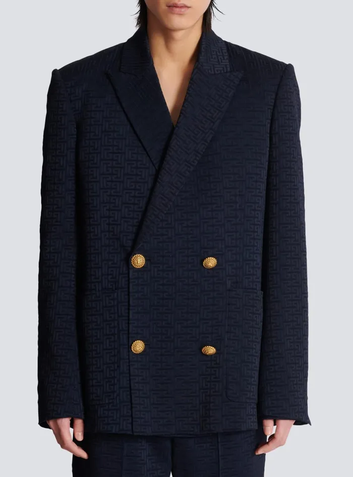 PB Labyrinth Satin Jacquard Blazer Navy Men Balmain Jackets And Blazers