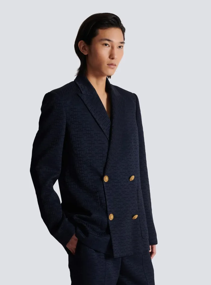 PB Labyrinth Satin Jacquard Blazer Navy Men Balmain Jackets And Blazers