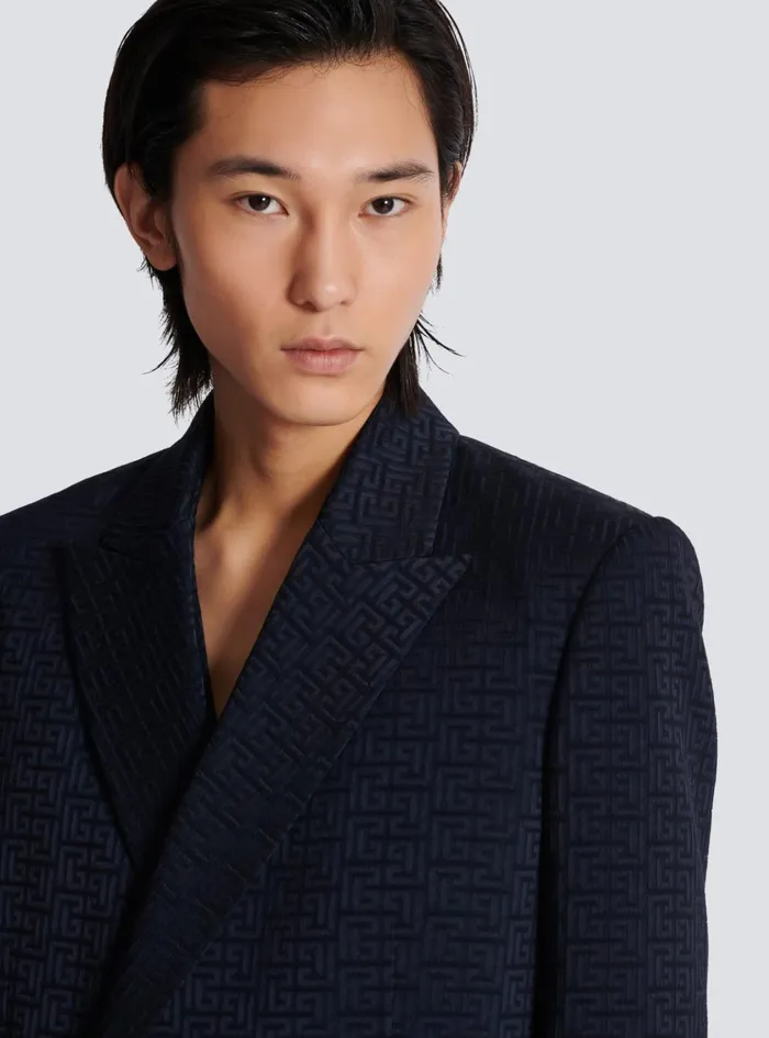 PB Labyrinth Satin Jacquard Blazer Navy Men Balmain Jackets And Blazers