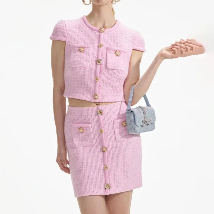 Pink Jewel Button Knit Mini Skirt Women Self Portrait Knitwear Pink Jewel Button Knit Mini Skirt Women Self Portrait Knitwear